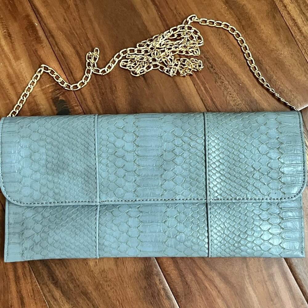 Aqua Snakeskin Clutch by Madison West, 12 inches x 6 inches